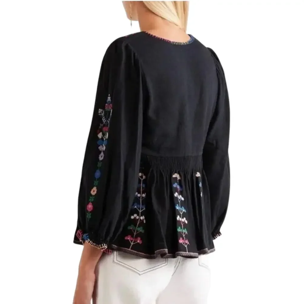 Ulla Johnson Black Maja Embroidered Peplum Peasant Blouse